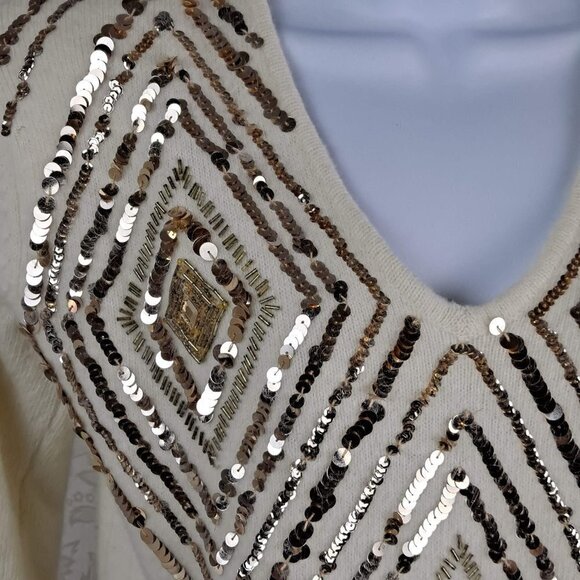 Outlander Size Large Sweater Lambs Wool/Angora Cream w/Gold Sequins Vintage - Picture 2 of 8